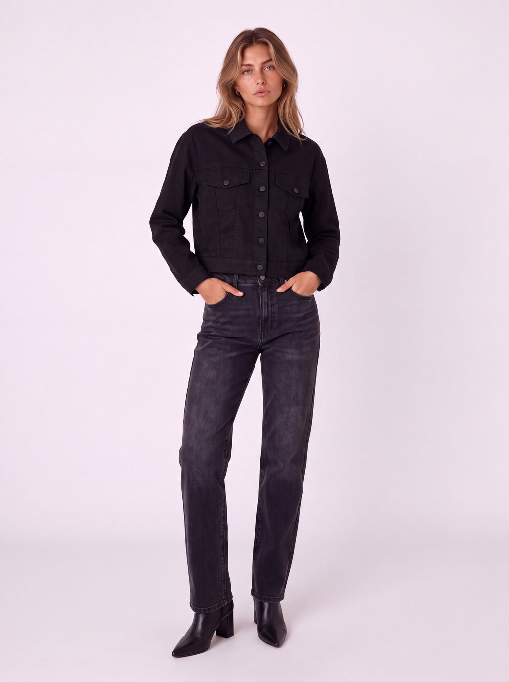 CROPPED BUTTON-FRONT DENIM JACKET