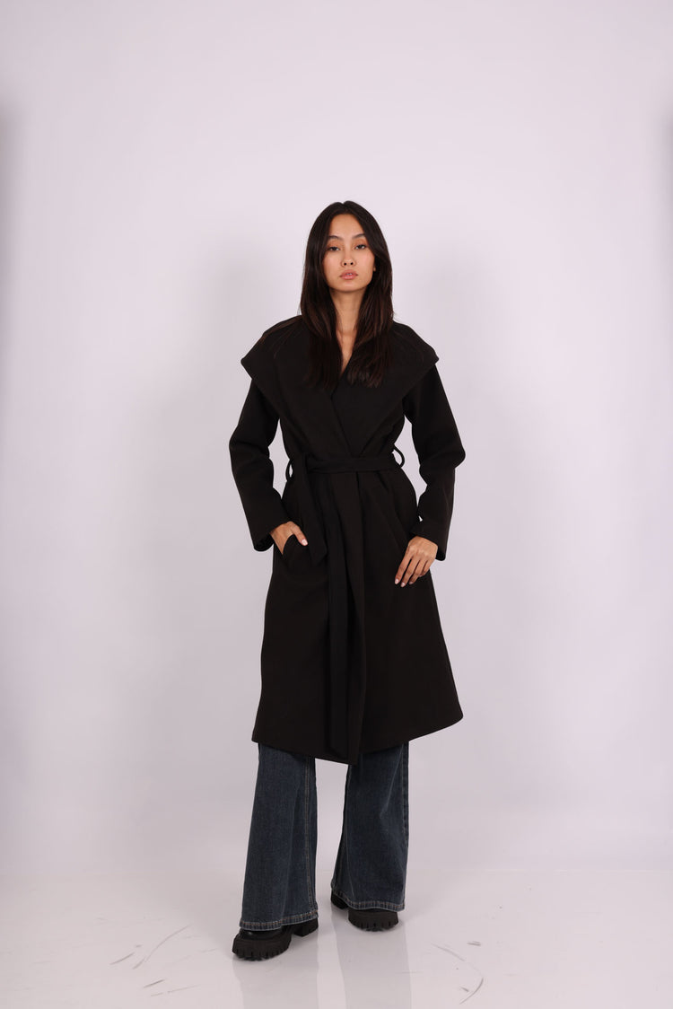 HOODED BELTED LONG COAT