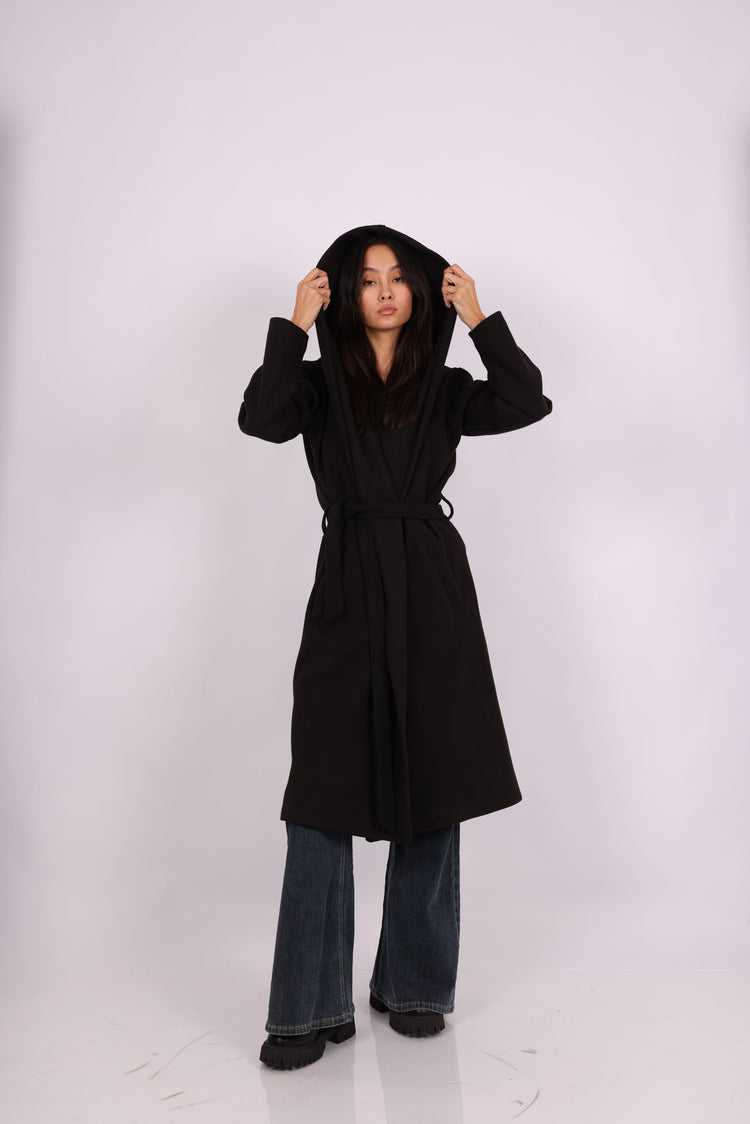 HOODED BELTED LONG COAT