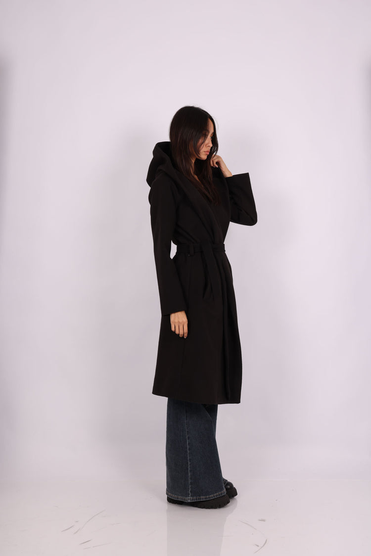 HOODED BELTED LONG COAT
