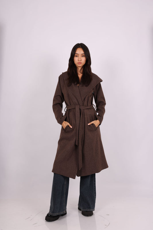 HOODED BELTED LONG COAT