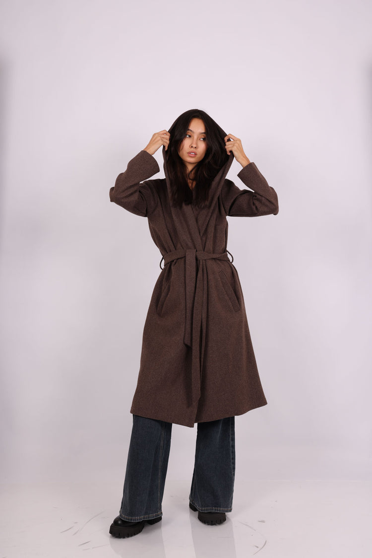 HOODED BELTED LONG COAT