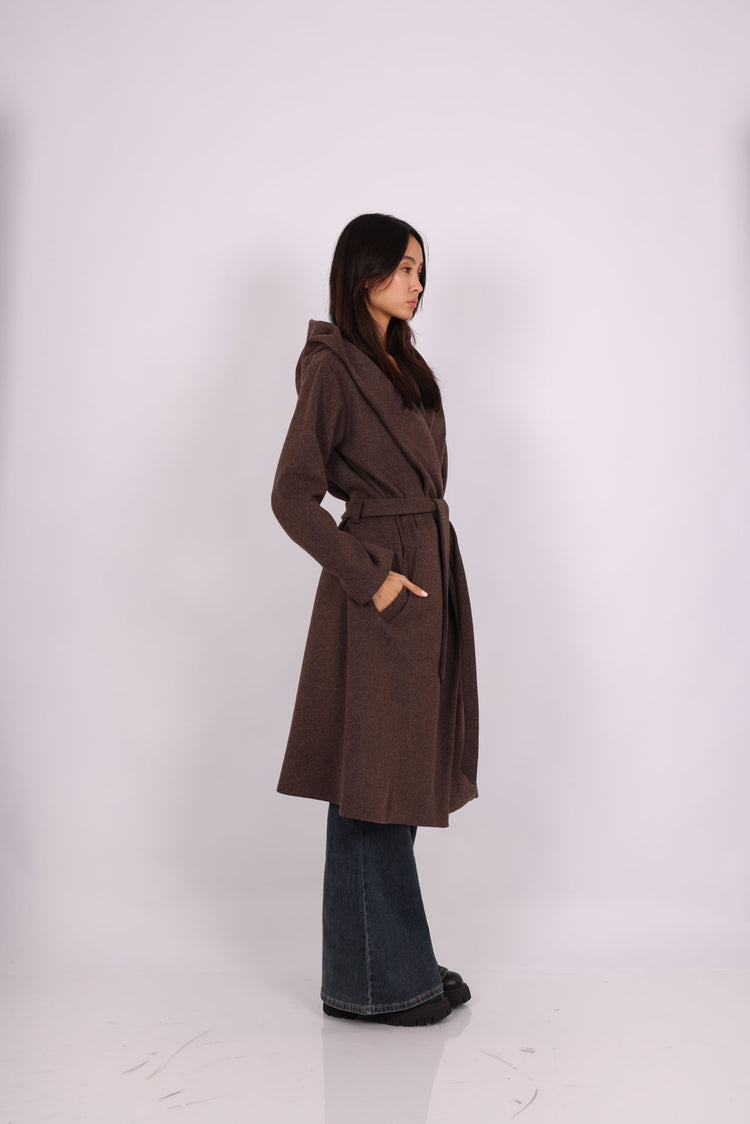HOODED BELTED LONG COAT