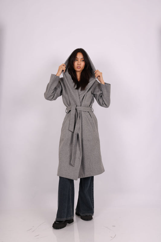 HOODED BELTED LONG COAT