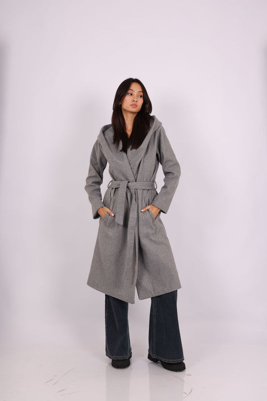 HOODED BELTED LONG COAT