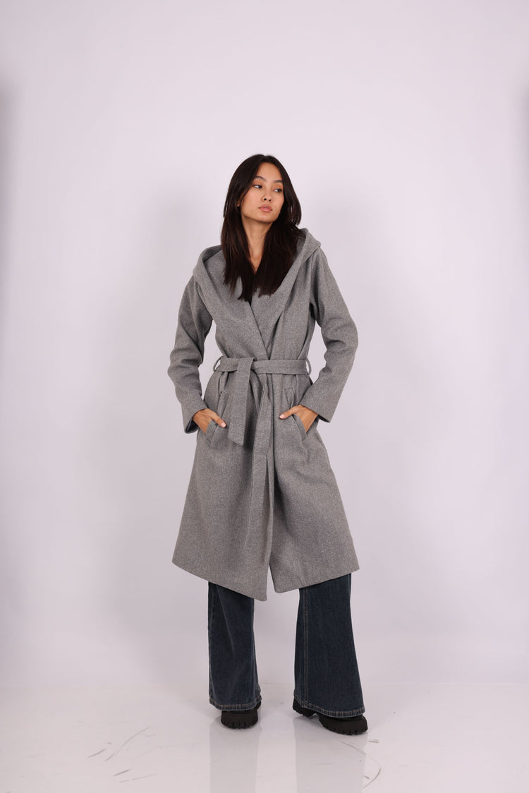 HOODED BELTED LONG COAT