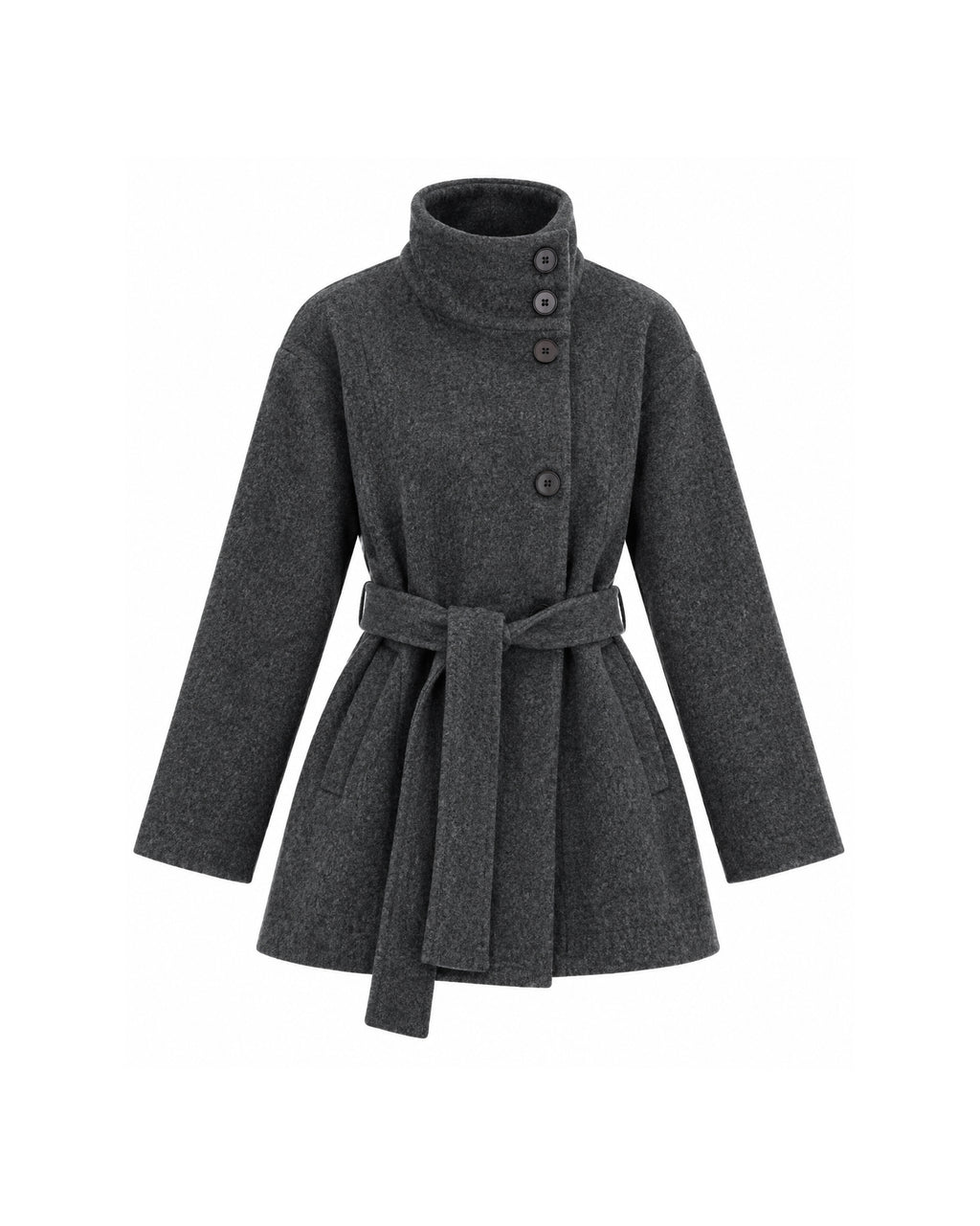 HIGH-NECK BUTTON-FRONT BELTED SHORT COAT