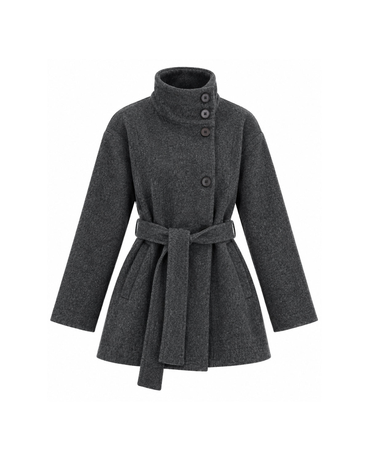 HIGH-NECK BUTTON-FRONT BELTED SHORT COAT