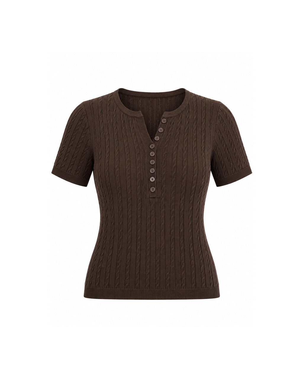 SHORT SLEEVE CABLE KNIT BUTTON FRONT HENLEY TOP