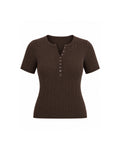 SHORT SLEEVE CABLE KNIT BUTTON FRONT HENLEY TOP
