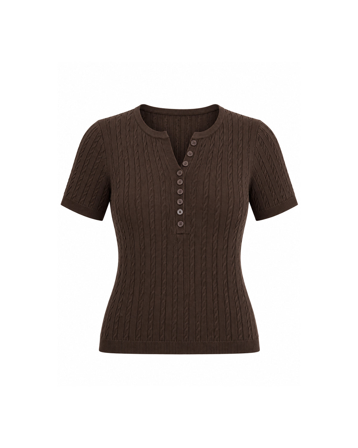 SHORT SLEEVE CABLE KNIT BUTTON FRONT HENLEY TOP
