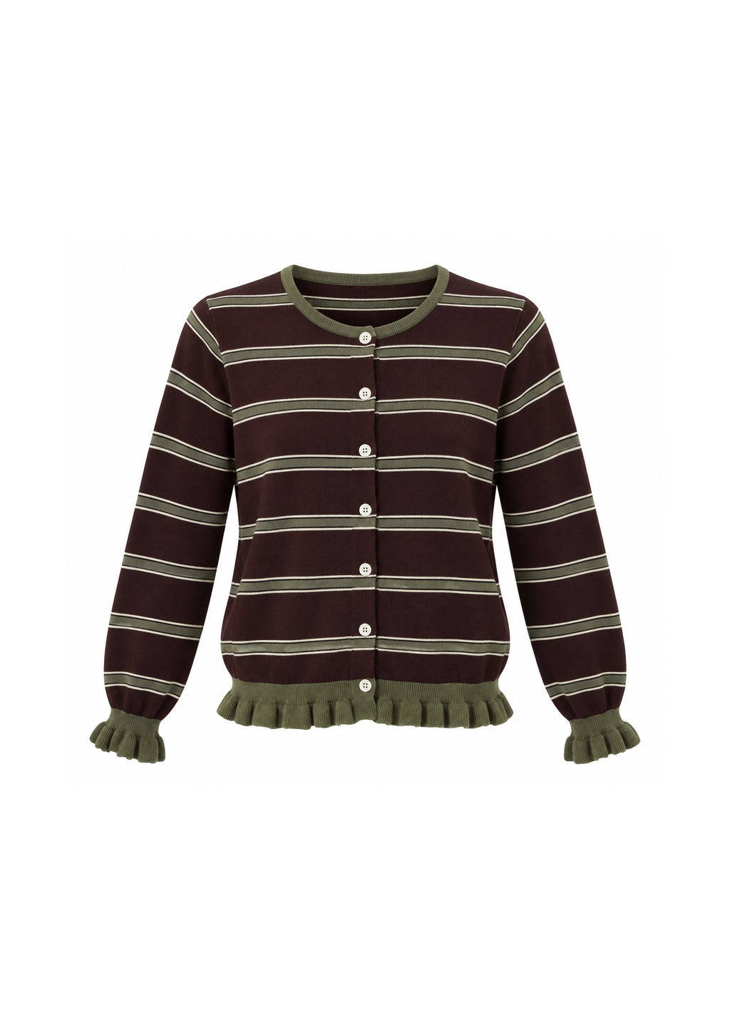 STRIPED BUTTON-FRONT KNIT CARDIGAN WITH RUFFLE TRIM