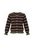 STRIPED BUTTON-FRONT KNIT CARDIGAN WITH RUFFLE TRIM