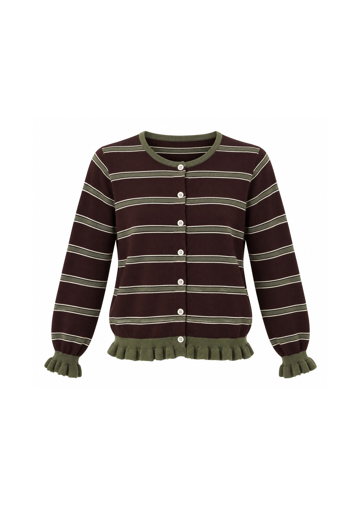 STRIPED BUTTON-FRONT KNIT CARDIGAN WITH RUFFLE TRIM