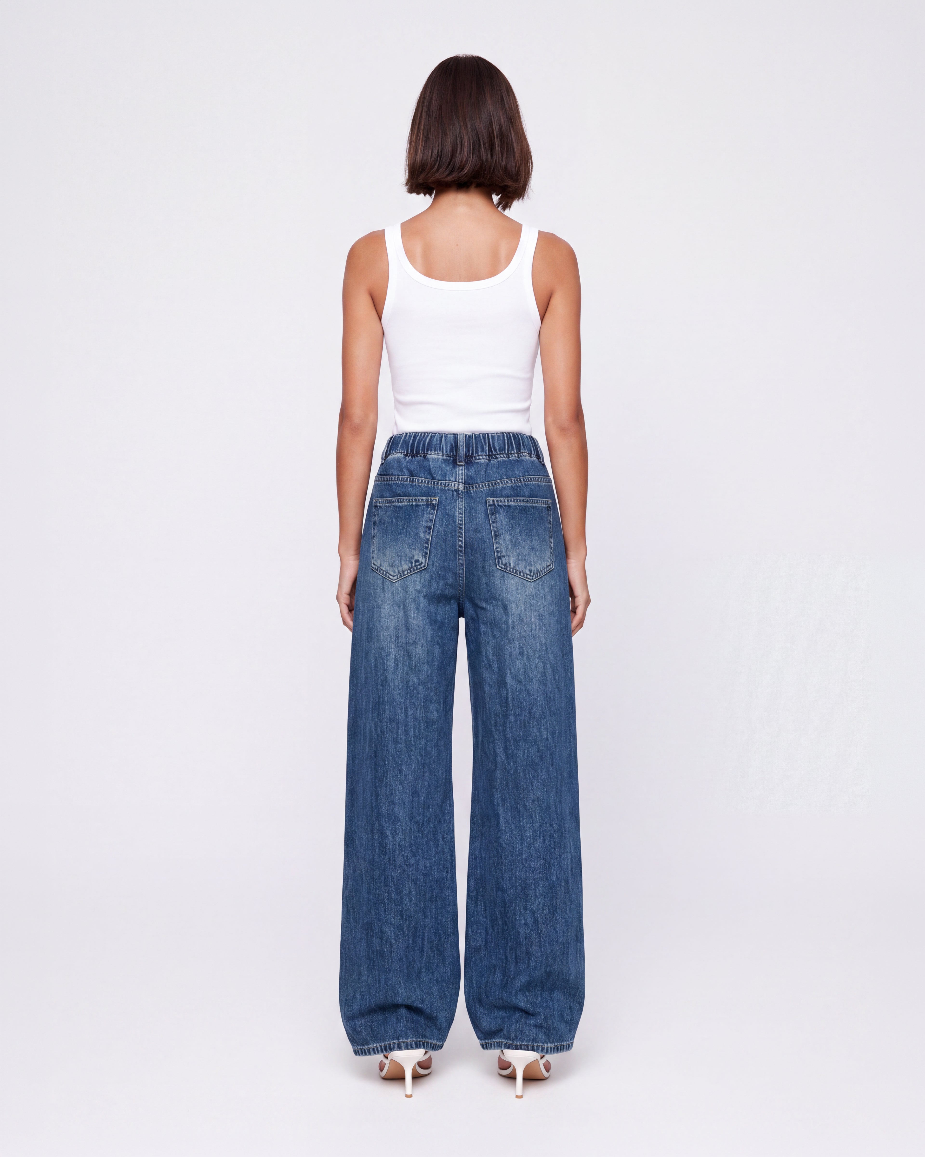 ELASTIC WAIST WIDE LEG JEANS