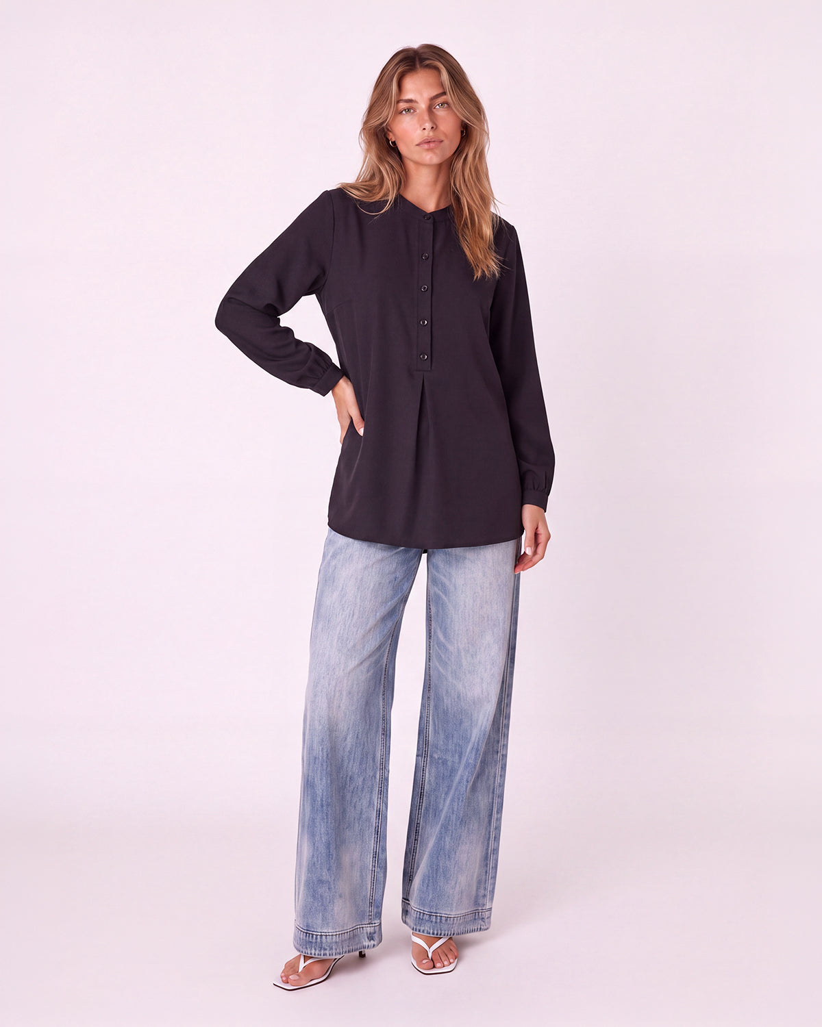 MANDARIN COLLAR BUTTON-FRONT BLOUSE
