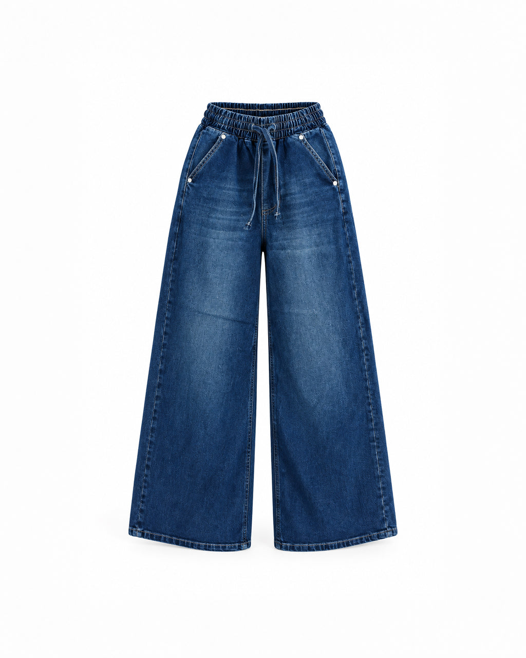 WASHED DENIM WIDE-LEG DRAWSTRING JEANS