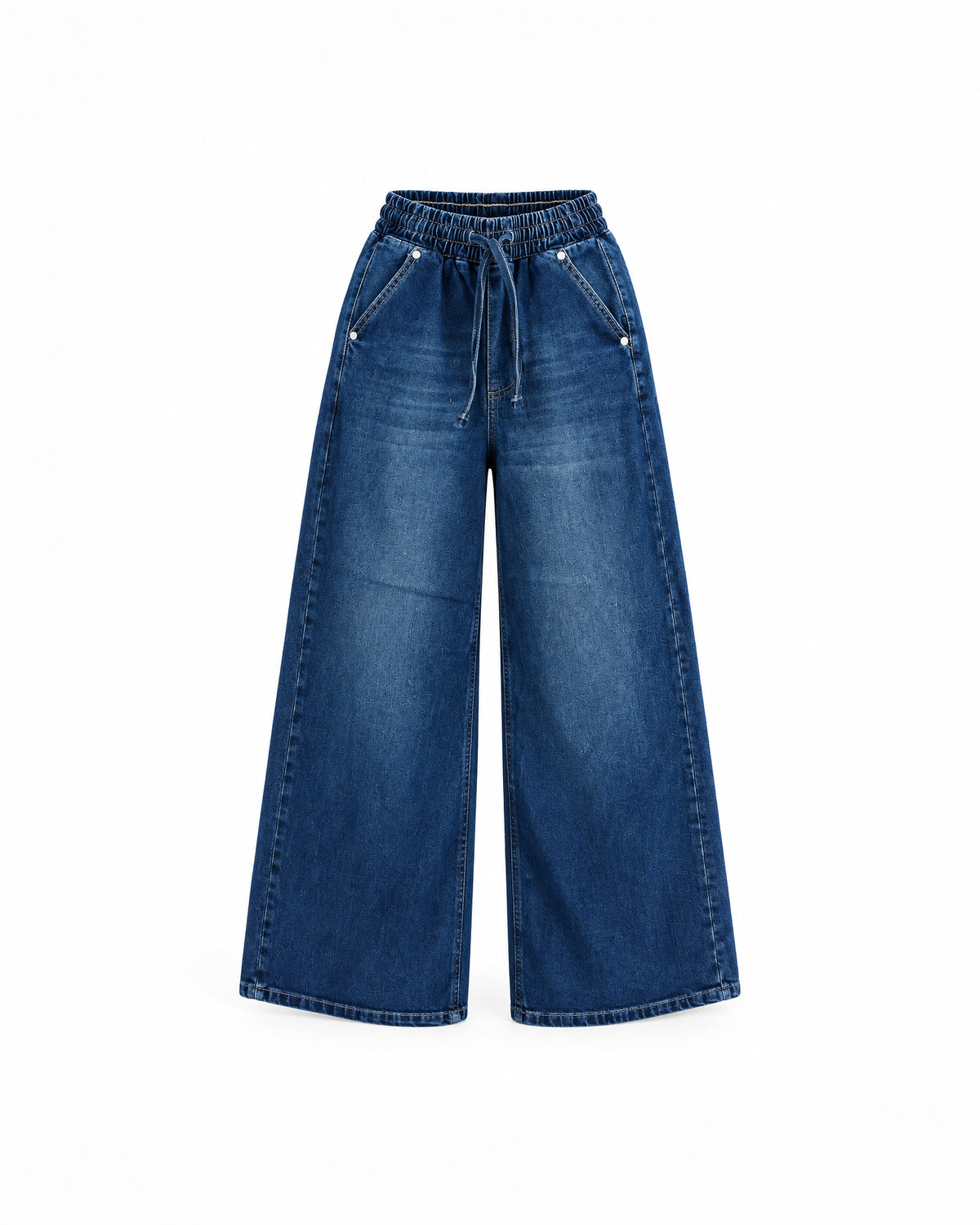 WASHED DENIM WIDE-LEG DRAWSTRING JEANS