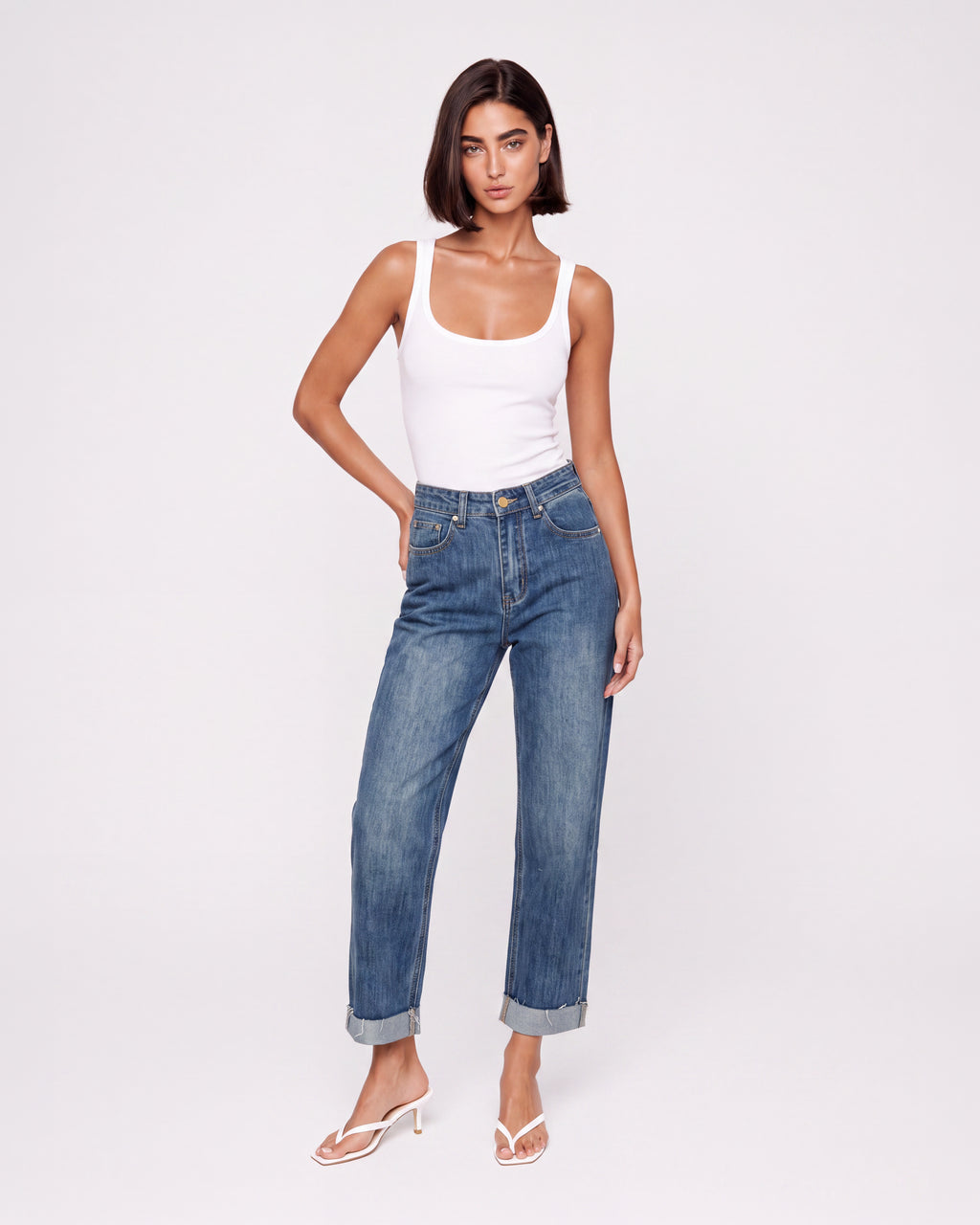 HIGH RISE TURN-UP STRAIGHT LEG JEANS