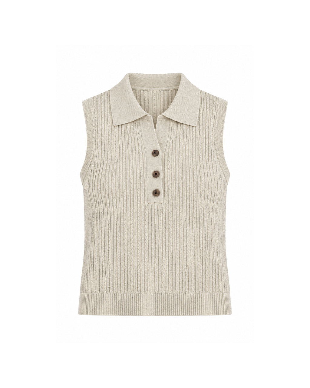 SLEEVELESS CABLE KNIT POLO TOP WITH BUTTON FRONT