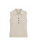 SLEEVELESS CABLE KNIT POLO TOP WITH BUTTON FRONT