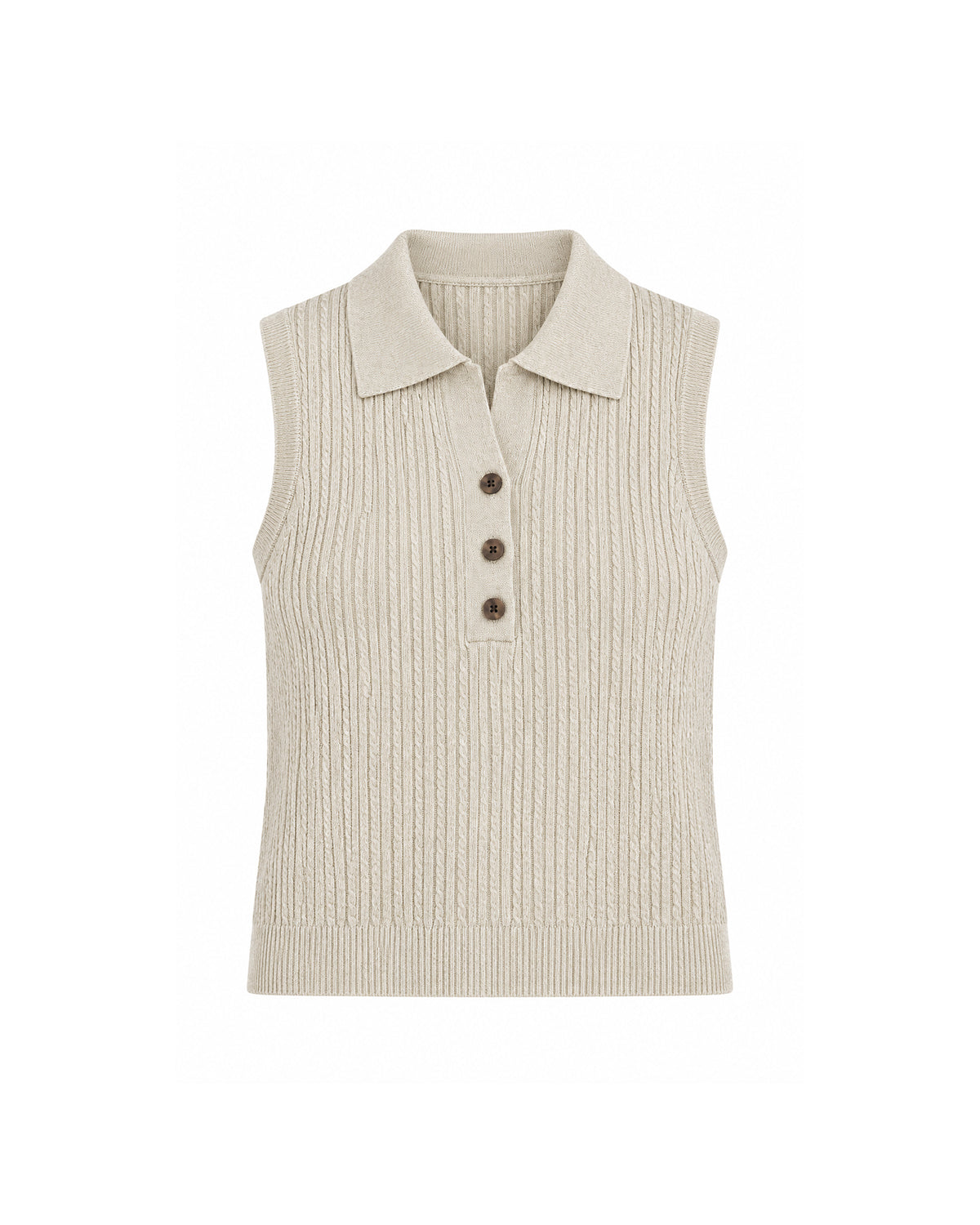 SLEEVELESS CABLE KNIT POLO TOP WITH BUTTON FRONT