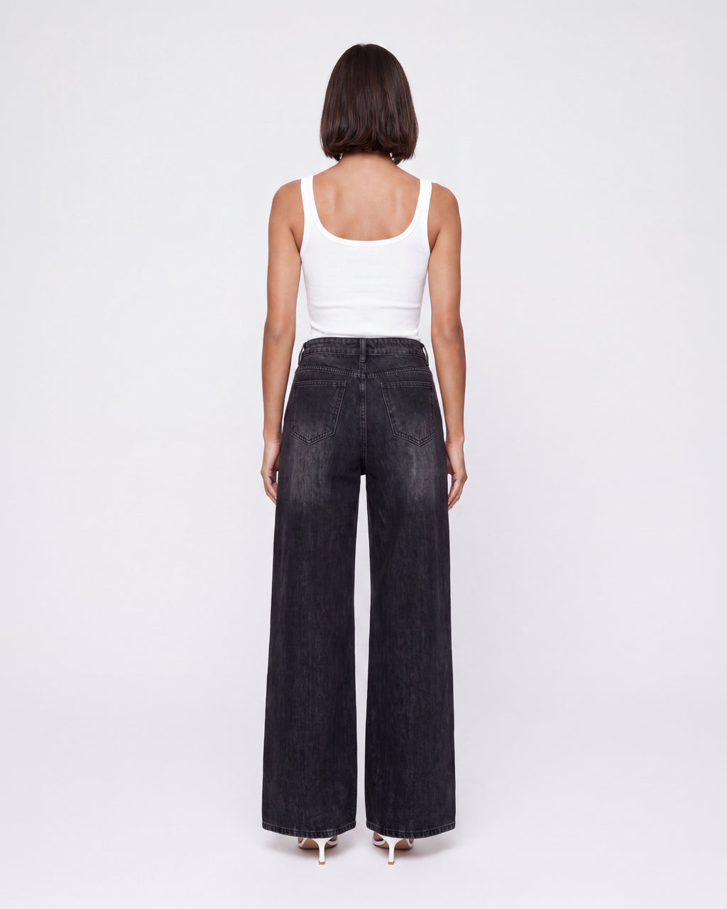HIGH RISE WIDE LEG BLACK JEANS WITH WAIST TIE