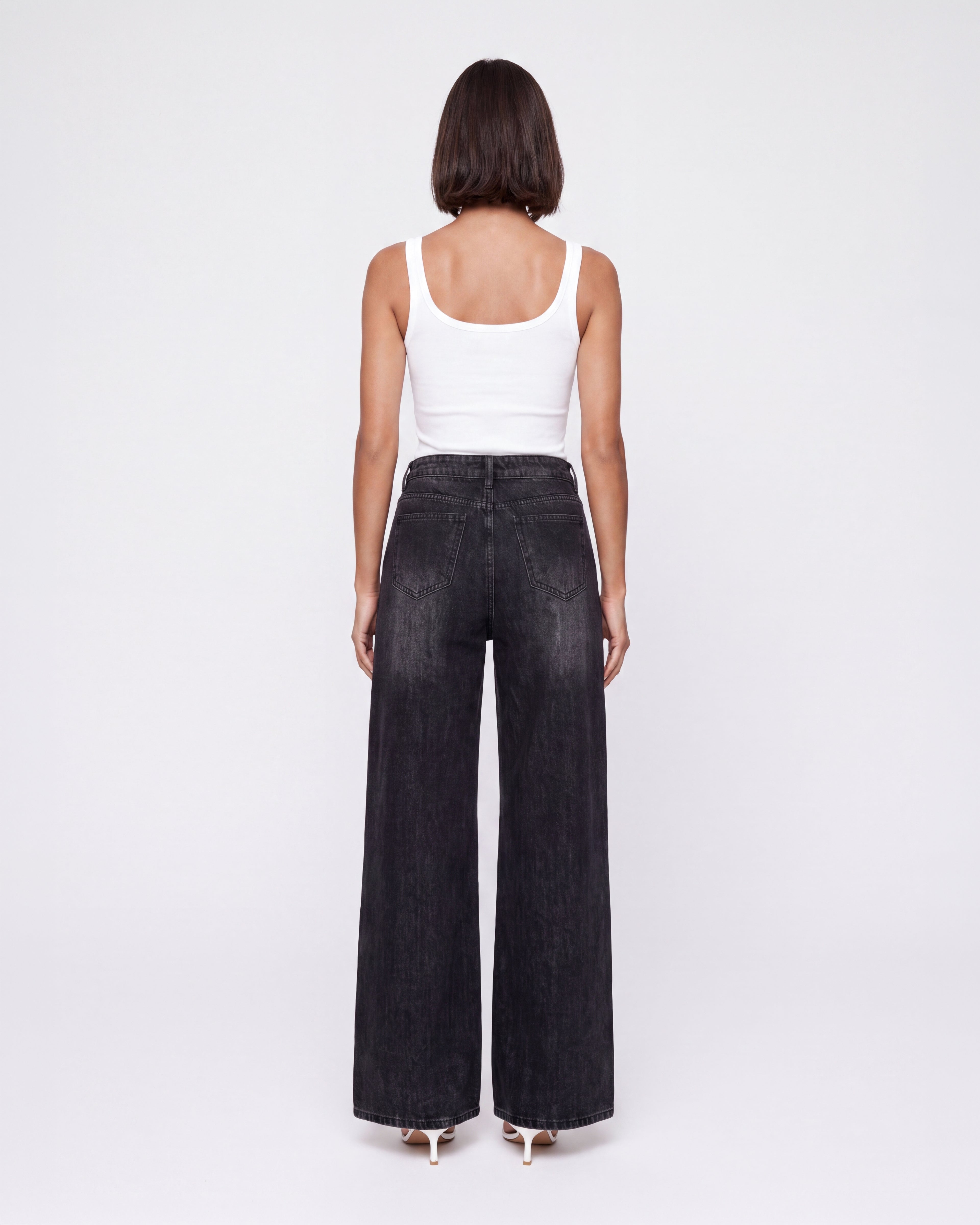 HIGH RISE WIDE LEG BLACK JEANS WITH WAIST TIE
