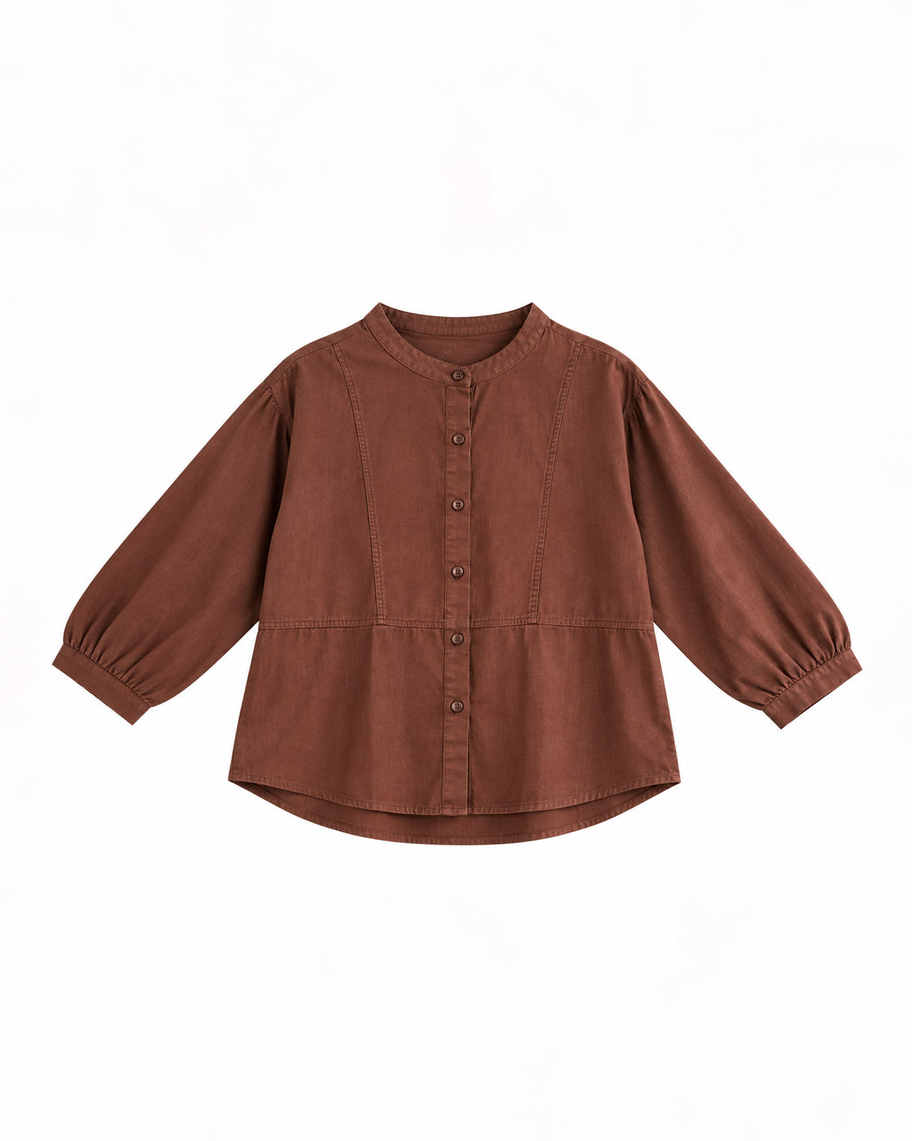 MANDARIN COLLAR BUTTON-FRONT LONG SLEEVE PEPLUM BLOUSE