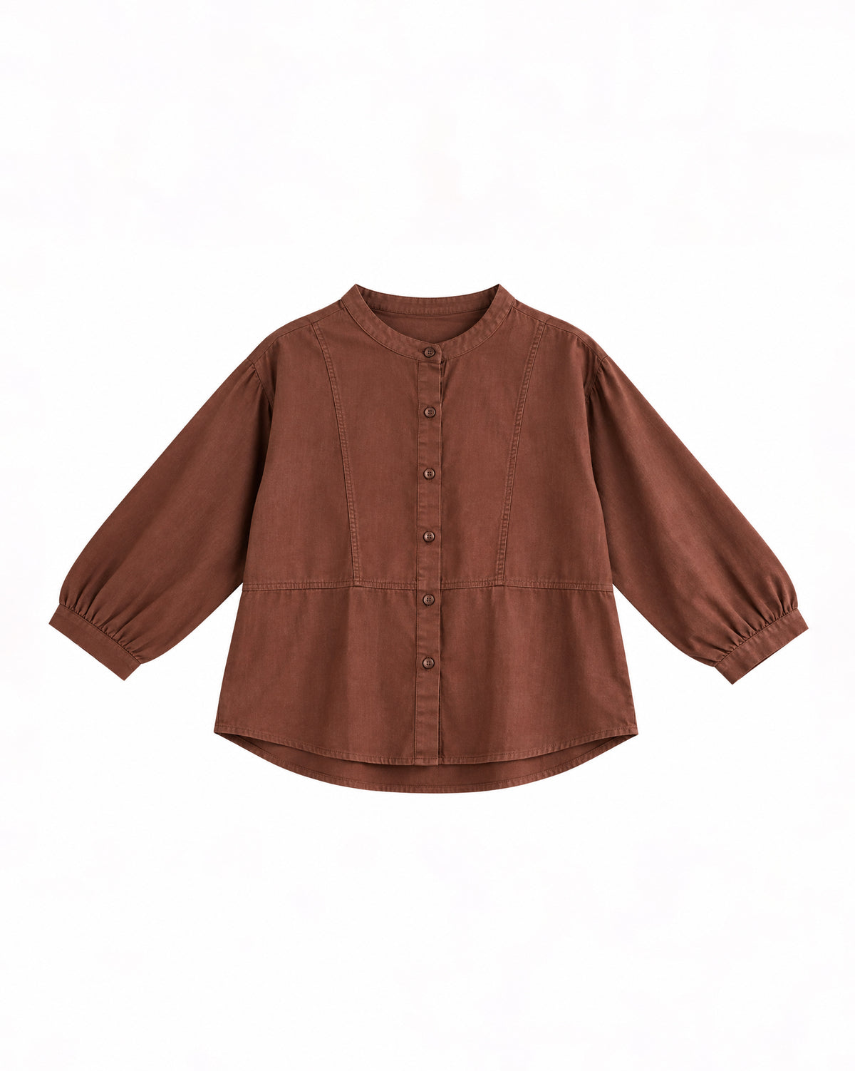 MANDARIN COLLAR BUTTON-FRONT LONG SLEEVE PEPLUM BLOUSE