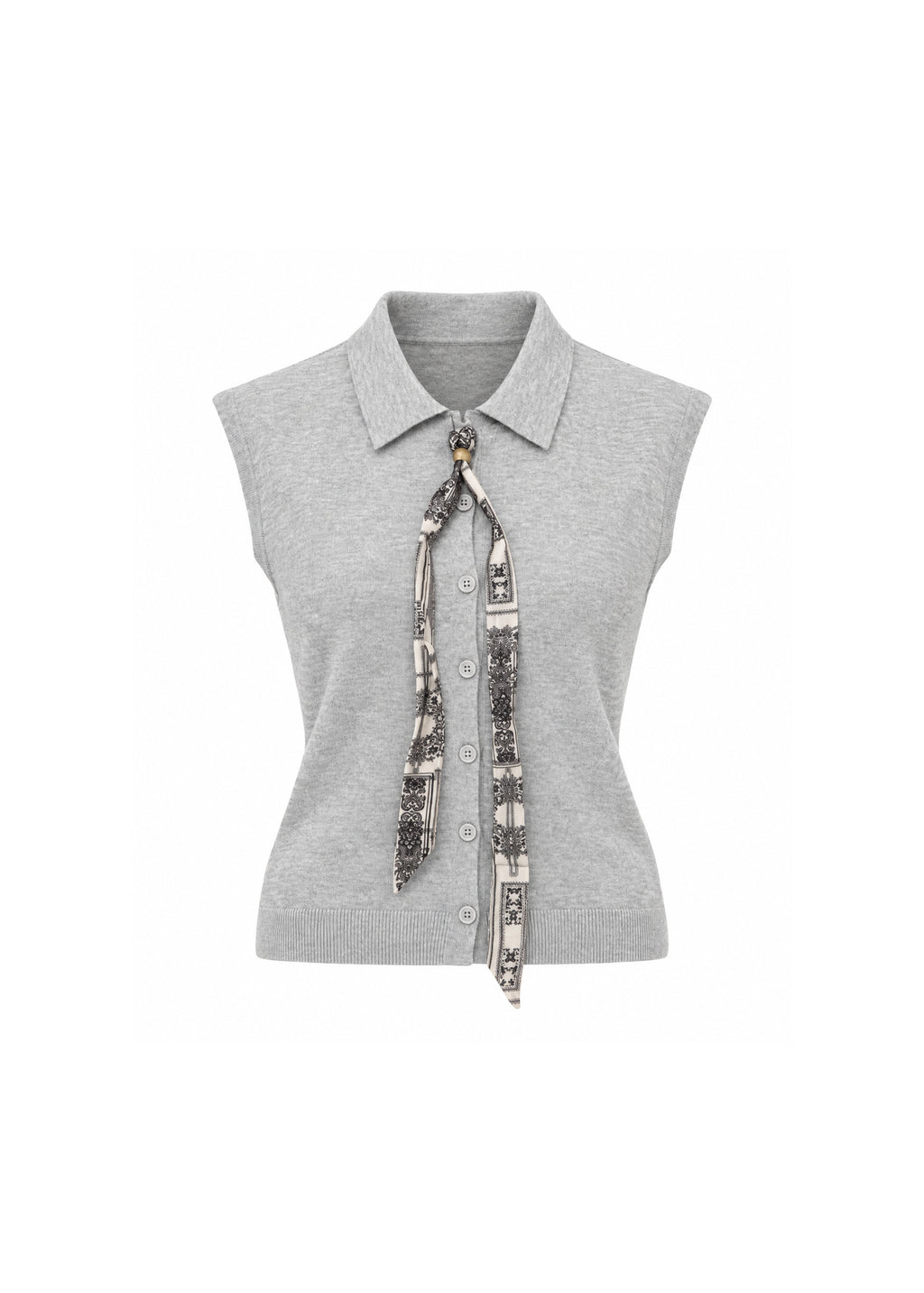 IVORY COLLARED BUTTON-FRONT SLEEVELESS KNIT TOP WITH PRINTED SCARF