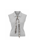 IVORY COLLARED BUTTON-FRONT SLEEVELESS KNIT TOP WITH PRINTED SCARF