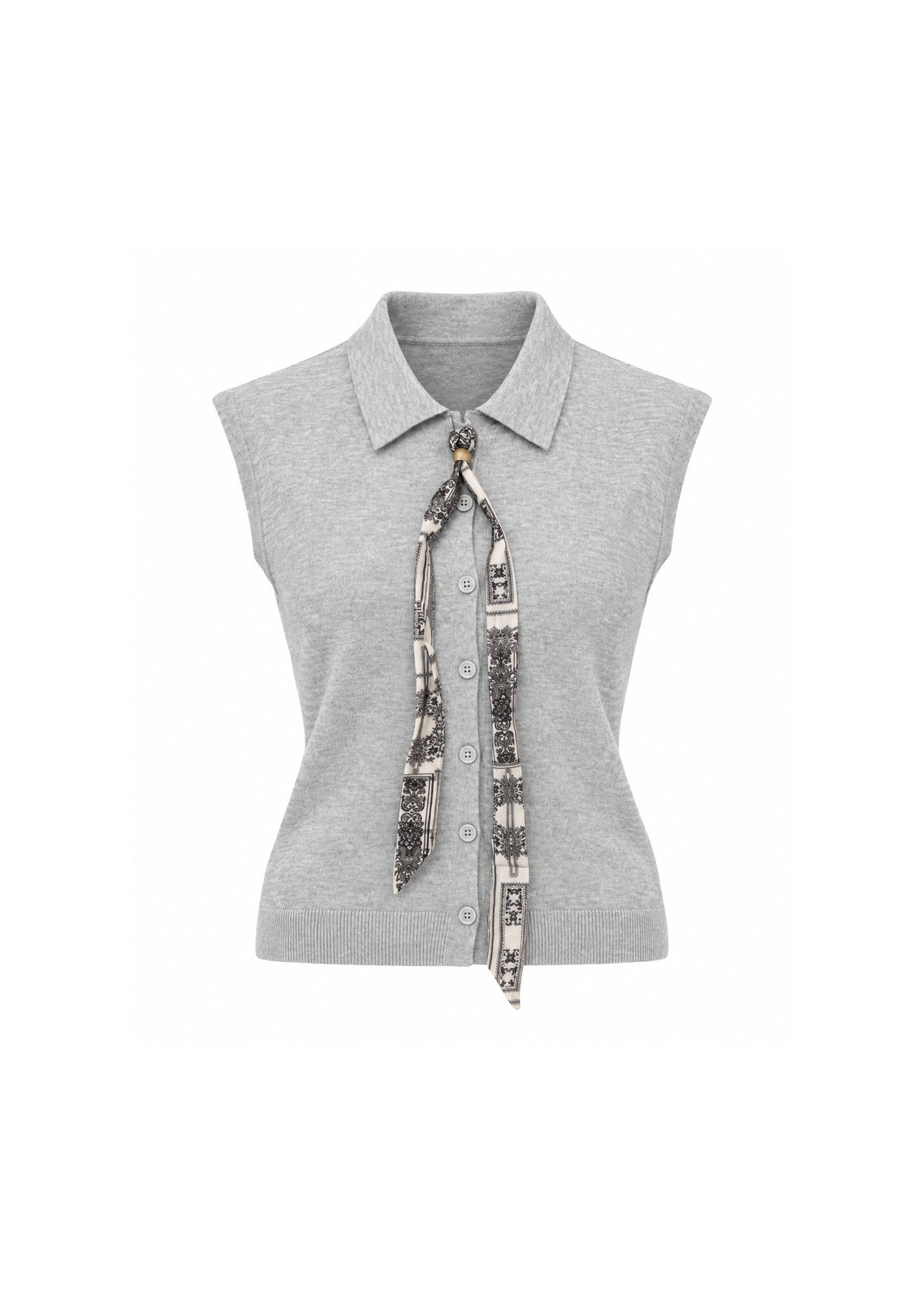 IVORY COLLARED BUTTON-FRONT SLEEVELESS KNIT TOP WITH PRINTED SCARF