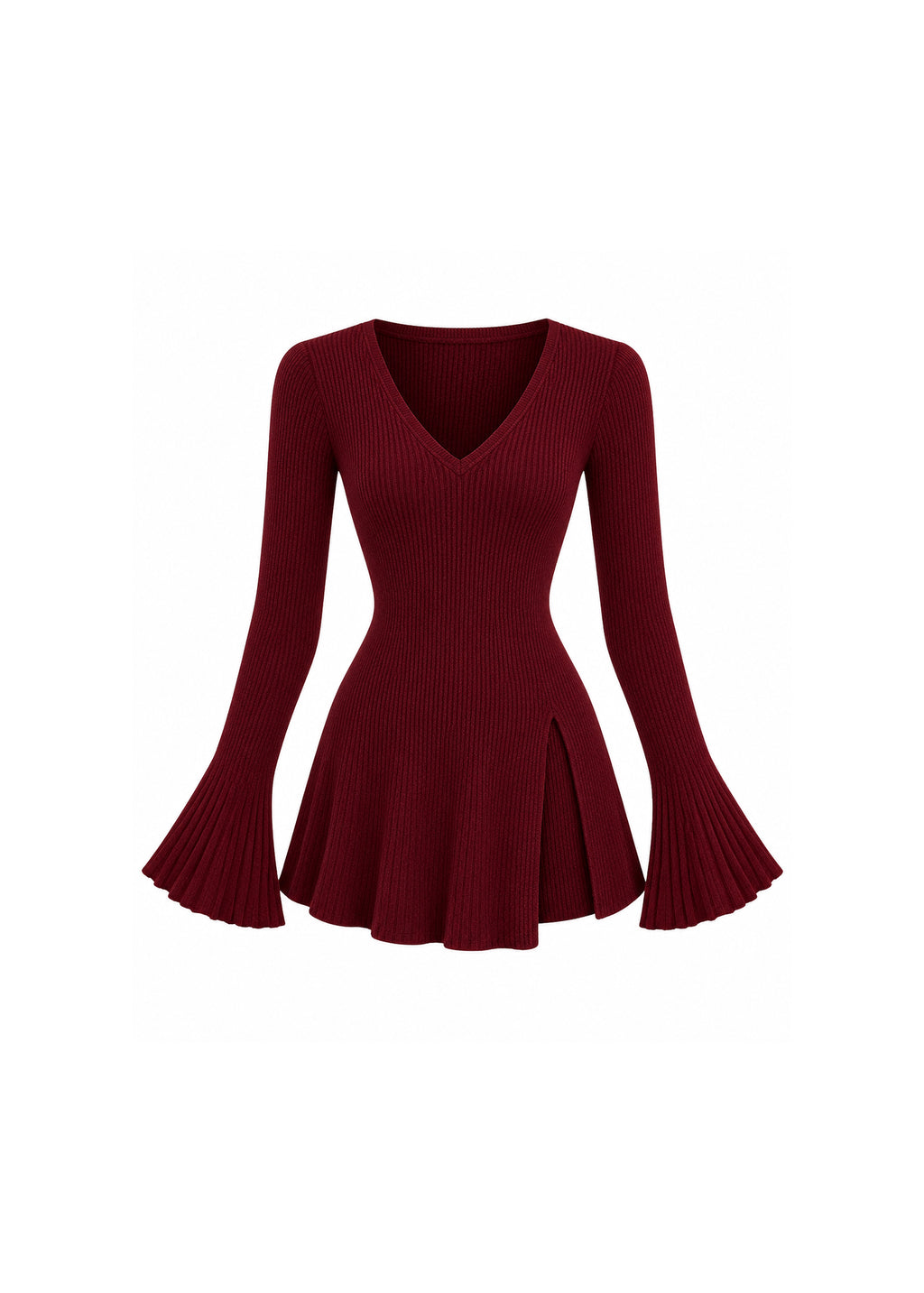 V-NECK RIBBED KNIT PEPLUM TOP WITH FLARED SLEEVES