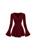 V-NECK RIBBED KNIT PEPLUM TOP WITH FLARED SLEEVES