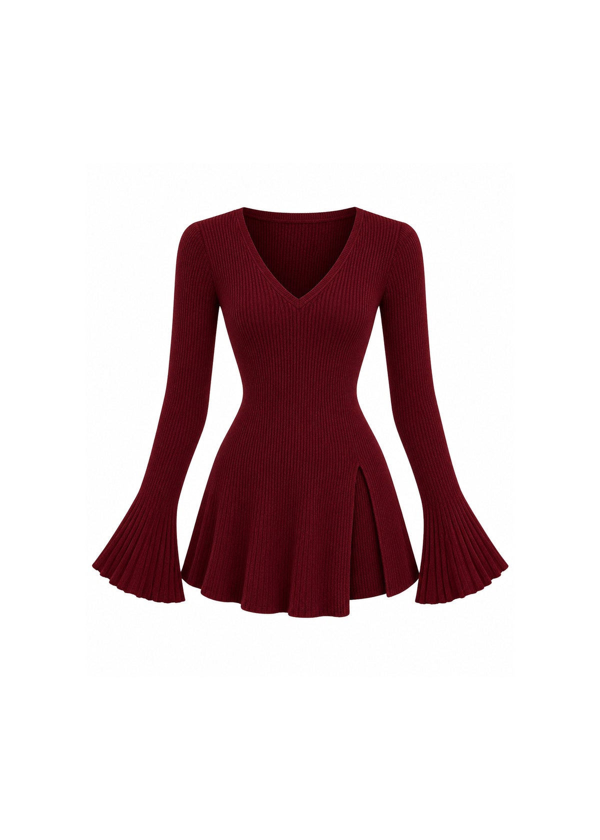 V-NECK RIBBED KNIT PEPLUM TOP WITH FLARED SLEEVES