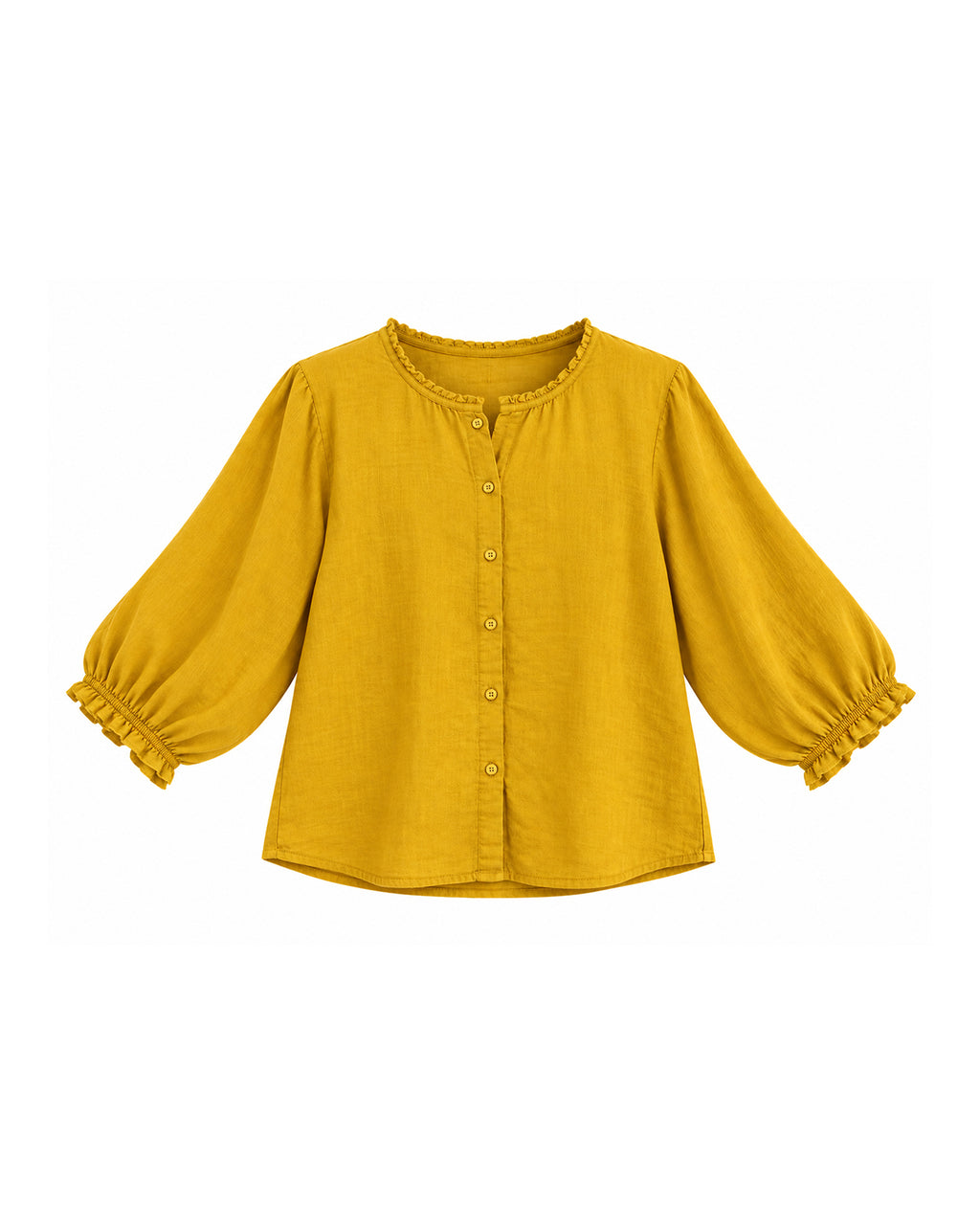 BUTTON FRONT BLOUSE WITH PUFF SLEEVES AND RUFFLE DETAILS