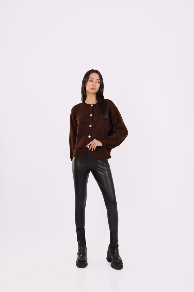 CROPPED PUFF-SLEEVE BUTTON CARDIGAN