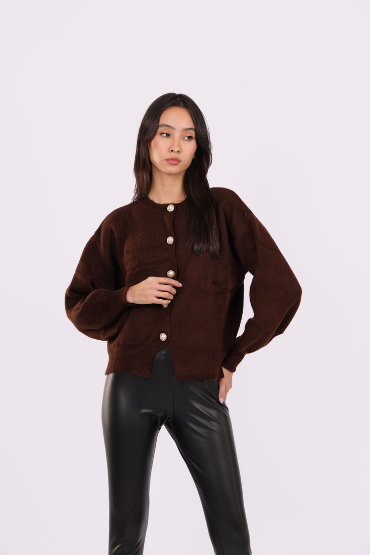 CROPPED PUFF-SLEEVE BUTTON CARDIGAN