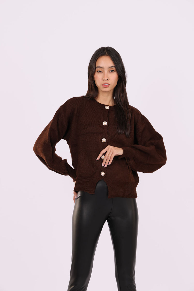 CROPPED PUFF-SLEEVE BUTTON CARDIGAN