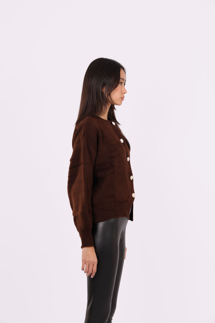 CROPPED PUFF-SLEEVE BUTTON CARDIGAN