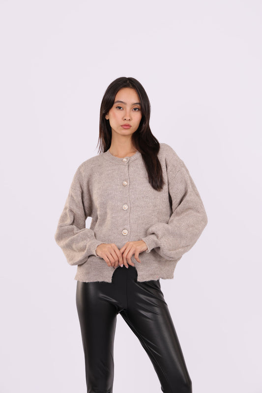 CROPPED PUFF-SLEEVE BUTTON CARDIGAN
