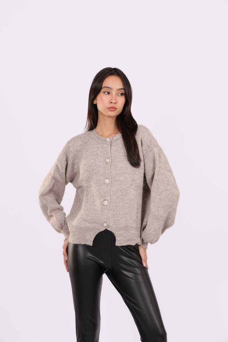 CROPPED PUFF-SLEEVE BUTTON CARDIGAN