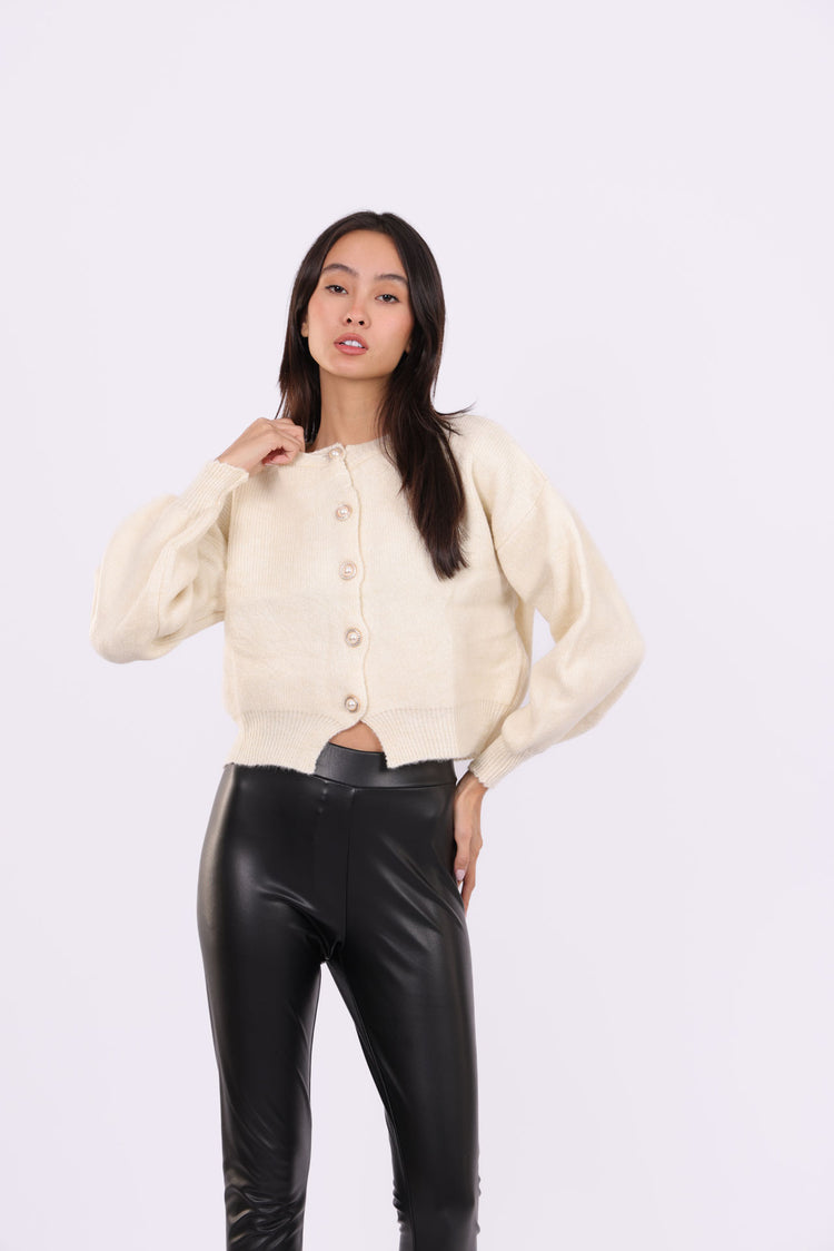 CROPPED PUFF-SLEEVE BUTTON CARDIGAN