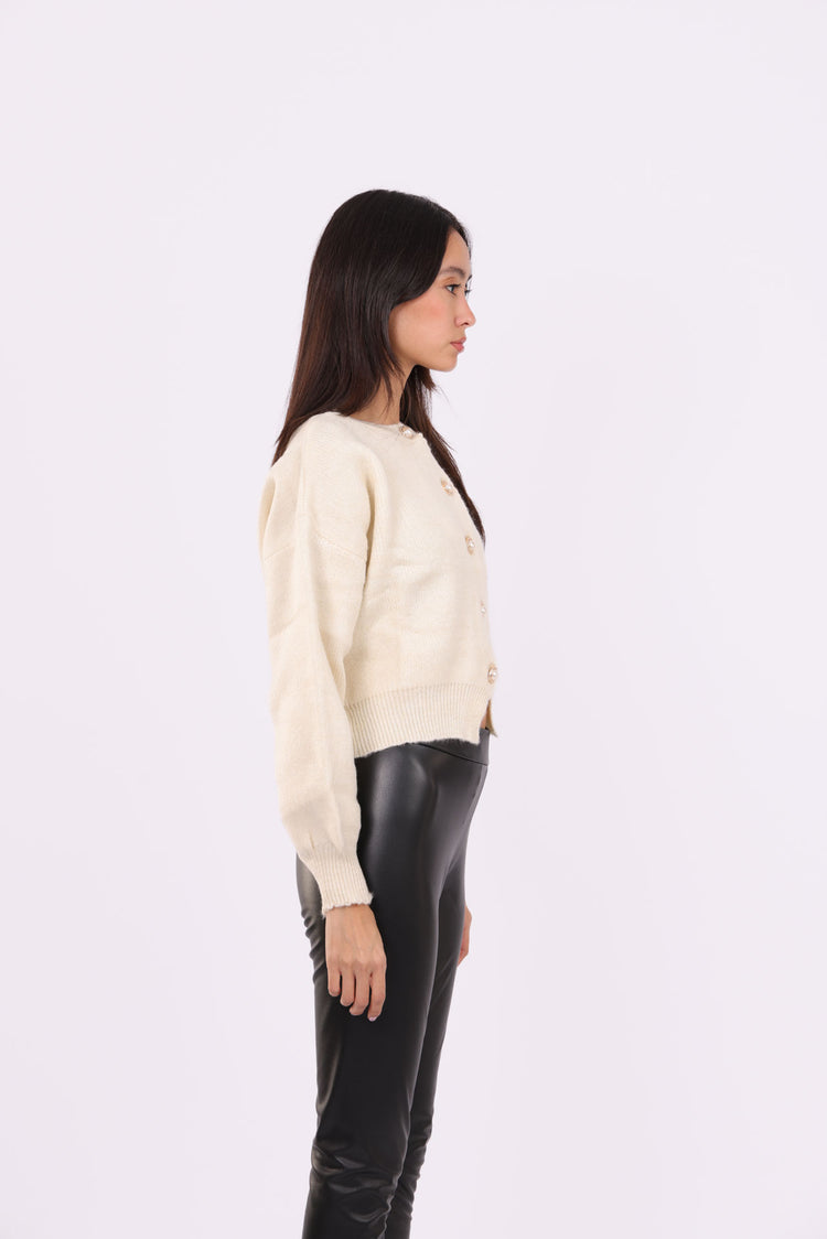 CROPPED PUFF-SLEEVE BUTTON CARDIGAN