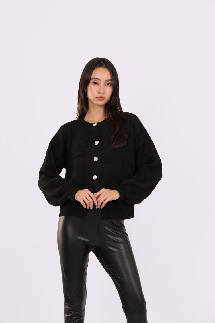 CROPPED PUFF-SLEEVE BUTTON CARDIGAN