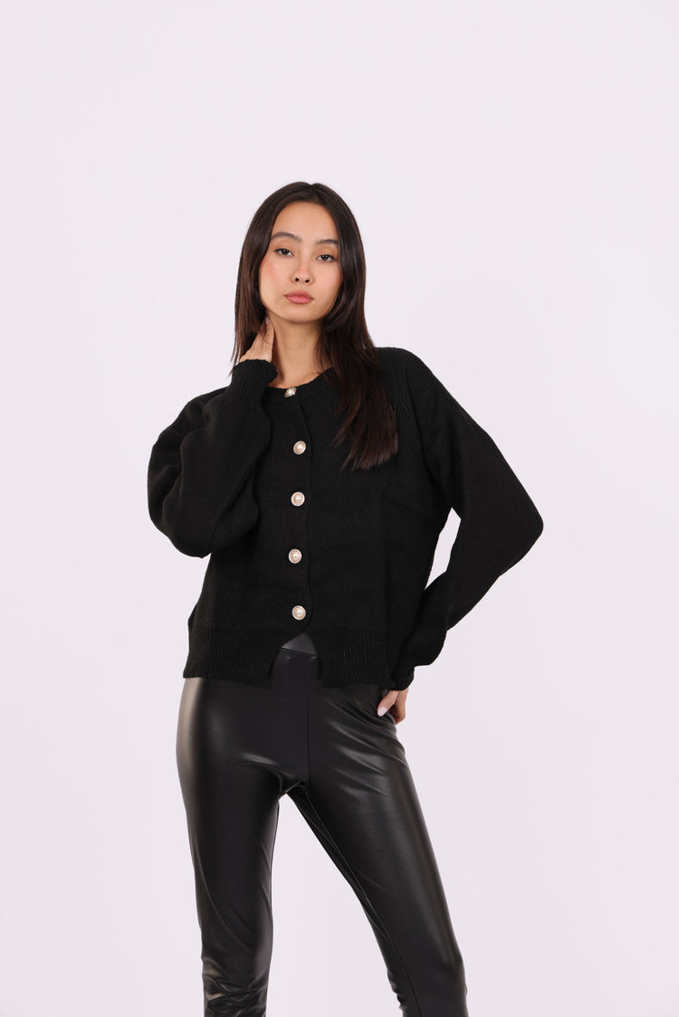 CROPPED PUFF-SLEEVE BUTTON CARDIGAN