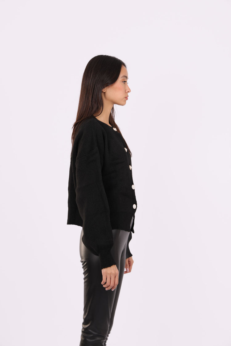 CROPPED PUFF-SLEEVE BUTTON CARDIGAN