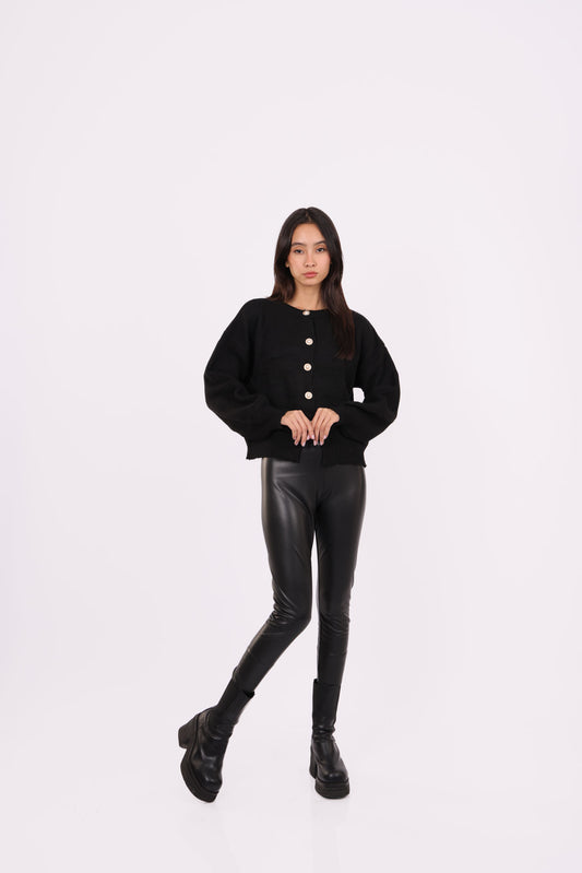 CROPPED PUFF-SLEEVE BUTTON CARDIGAN