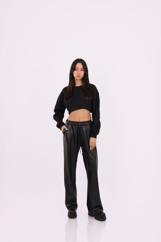 LEATHER WIDE-LEG PANTS